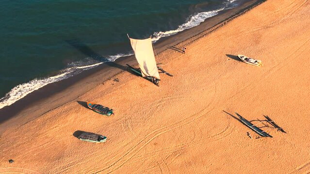 Aerial view of boats sailing along the sandy beach in Negombo, Sri Lanka.