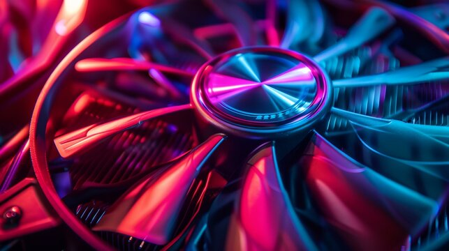 a close up of a colorful fan on a computer case with a red and blue light shining on it..