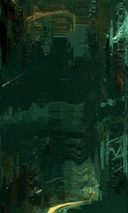 Obraz premium A green abstract painting with a cityscape in the background. The painting is full of texture and he is a digital art piece