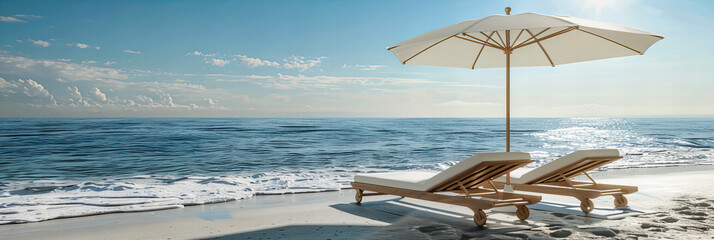 Luxury Beach Resort with Sun Chairs and Umbrellas, Ideal Spot for a Relaxing Seaside Vacation
