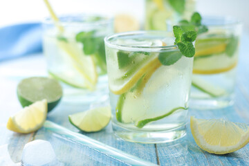 Glasses with lemon and lime lemonade