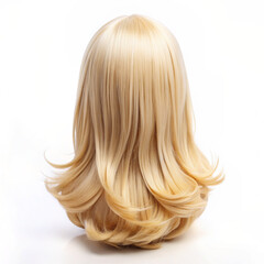 Fototapeta premium The image features the back of a blonde wig with long, wavy hair. The wig has a center part and appears slightly curled at the ends. The background is white 