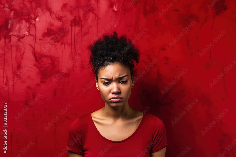 Wall mural Red background sad black independent powerful Woman. Portrait of young beautiful bad mood expression girl Isolated on Background racism skin color depression anxiety fear burn  - Wall murals