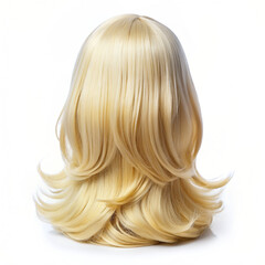Naklejka premium A blonde wig with long, layered hair is shown from the back.