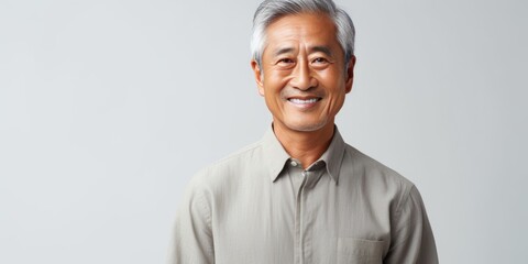 Silver Background Happy asian man. Portrait of older mid aged person beautiful Smiling boy good mood Isolated on Background ethnic diversity equality acceptance concept with copyspace 