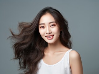 Silver background Happy Asian Woman Portrait of young beautiful Smiling Woman good mood Isolated on Background Skin Care Face Beauty Product Banner with copyspace 