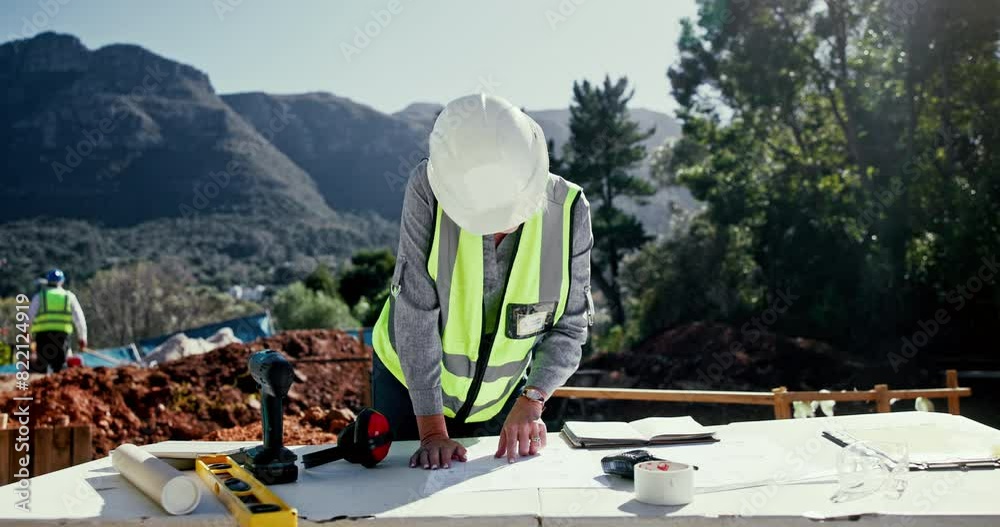 Poster woman, blueprint and table outdoor for construction, planning and building with drawing at site. arc