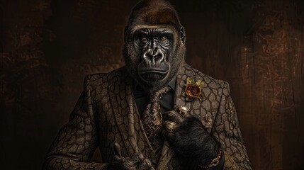 Gorilla wearing a plaid suit and tie with a flower lapel pin. Studio portrait on a dark background. Business and professionalism concept for design and print