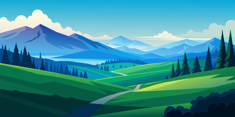 Vector Illustration of beautiful summer fields landscape with a dawn, green hills, bright color blue sky background