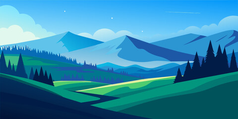 Vector Illustration of beautiful summer fields landscape with a dawn, green hills, bright color blue sky background