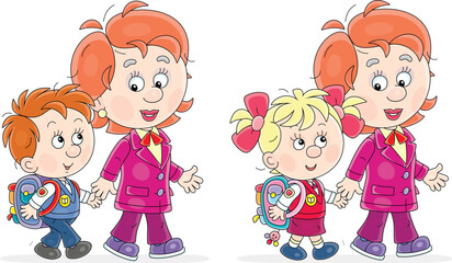 Young cute mother with her little son and daughter going to school to start of classes, a set of vector cartoon illustrations isolated on a white background