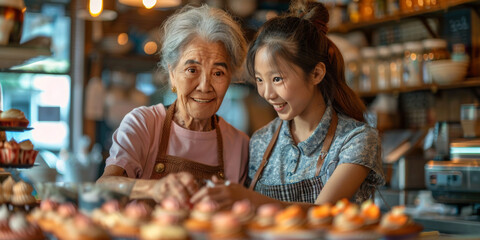 Grandmother and granddaughter bond baking pastry, sharing love, tradition, and cherished family moments