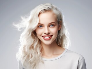Silver background Happy european white Woman realistic person portrait of young beautiful Smiling Woman Isolated on Background ethnic diversity equality acceptance concept with copyspace