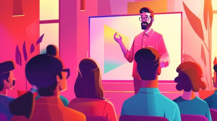 An illustration character leading an employee training session, presenting information on a digital screen to a group of attentive colleagues, emphasizing continuous learning and skill development.