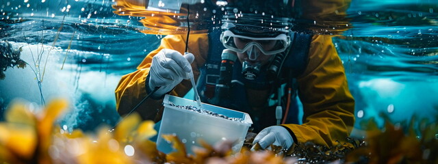 Diver Collecting Samples under Water, Scientific Marine Research, exploration scene, aquatic study, design template, environmental research, banner, underwater science