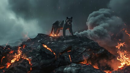 9h panther standing on top of a volcano, frontal shot, fearless, lava visible, smoke and heat coming out of the ground 