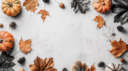 Fototapeta premium Above view of Halloween Thanksgiving frame border of pumpkin fall leaf foliage for rustic boho farmhouse coastal white mock up textured background with copy space Empty backdrop lux Autumn POD flatlay