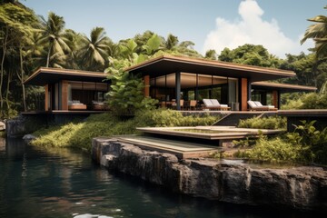 Obraz premium An Eco-conscious Architectural Masterpiece: A Modern Island Retreat Surrounded by Nature's Splendor