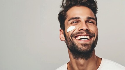 A cheerful man with a wellgroomed beard and facial cream dots on his cheek The light gray background highlights his radiant skin and happy demeanor
