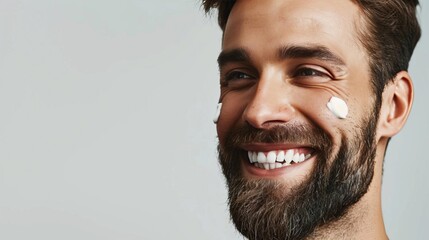 A cheerful man with a wellgroomed beard and facial cream dots on his cheek The light gray background highlights his radiant skin and happy demeanor