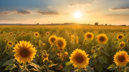 An Expansive Meadow of Tall Yellow Sunflowers, Each Blooming Radiantly, All Facing Towards the Warmth of the Golden Afternoon Sun.