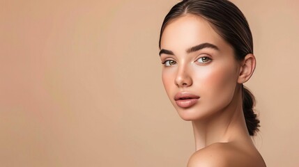 Fototapeta premium A beautiful woman with smooth skin and tiedback hair poses against a beige backdrop The available copy space and her radiant complexion highlight her natural beauty