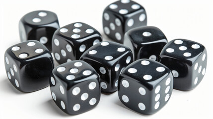 Many black game dices isolated on white
