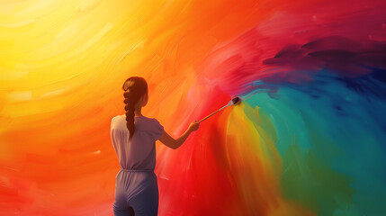 A 3D illustration of a character painting a large rainbow mural, representing creativity and expression in the LGBTQ+ community