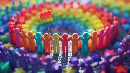 A 3D scene of characters forming a circle and raising rainbow flags, symbolizing solidarity and unity in the LGBTQ+ community