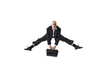 businessman demonstrates impressive flexibility, performing wide-legged stretch while holding briefcase. Dynamic problem-solving. Concept of business, work and study, hobby, freelance, office. Ad