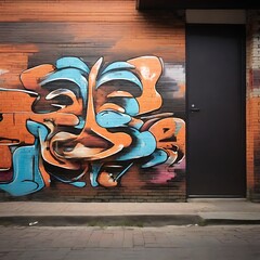 Abstract graffiti pattern on a brick wall beside road, Street art on brick wall