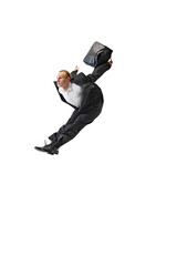 Businessman in sleek suit demonstrates agility and power with high leap against white studio background. Adaptability and quick decision-making in professional life. Concept of business, office. Ad