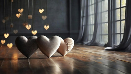 hearts pillows on a wooden floor in the interior of the room with curtains with bokeh heart lights