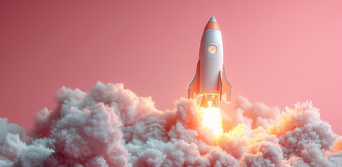 A rocket takes off, shooting into the sky with flames and smoke trailing behind it.