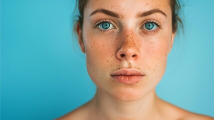 A woman with pock marks on her face, showing signs of and skincare with blue background,Generative AI illustration.