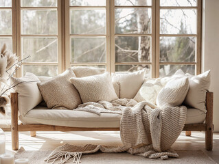 A wooden sofa with white cushions and a blanket is placed in front of large windows. The room is bathed in natural light from the window, creating an atmosphere that exudes warmth and comfort. 