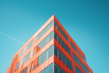 A modern coral-colored office building basking in the sunlight against a clear blue sky