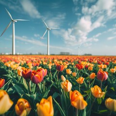 landscape with turbine and solar panel green energy electricity
