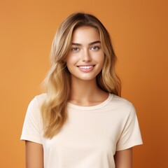 Tan background Happy european white Woman realistic person portrait of young beautiful Smiling Woman Isolated on Background ethnic diversity equality acceptance concept with copyspace