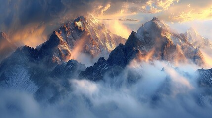 Mountain peaks in clouds and fog. Tatra Mountains, Poland.