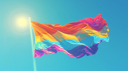 illustration of a pride flag waving in the wind against a clear blue sky, representing visibility and freedom for the LGBTQ+ community, pride month