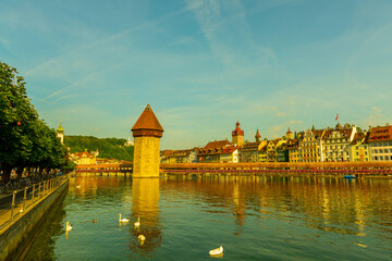 City of Lucerne with Chapel Bridge in a Sunny Day in Switzerland.