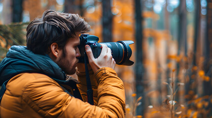 Man outdoors concentrating on capturing the perfect shot with a high-end professional camera and telephoto lens