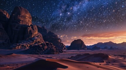 A desert landscape at night with sand dunes, rocky outcroppings, and a starry sky - Powered by Adobe