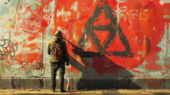 A solitary anarchist painting a graffiti symbol on a wall,