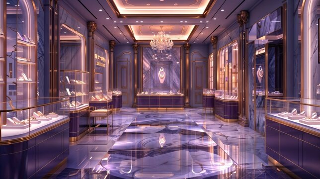 A fancy jewelry store with purple walls, glass cases filled with jewelry, and chandel