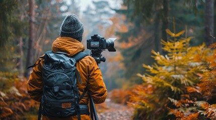 Naklejka premium A Steadicam operator filming a scenic outdoor shot along a forest trail,