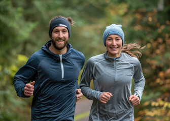 A man and woman in their late thirties, dressed for running with dark blue t-shirts, wearing black shorts or leggings, smiling as they run side by side through the park on an autumn morning