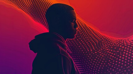 A man with a stylish black afro stands confidently against a dynamic, colorful backdrop
