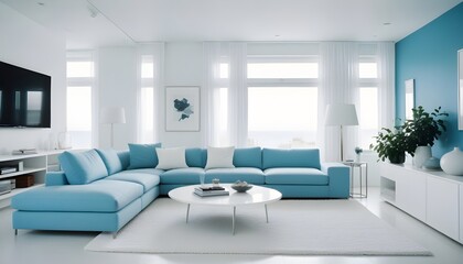Almost total blue interior with modern furnitures and white accents